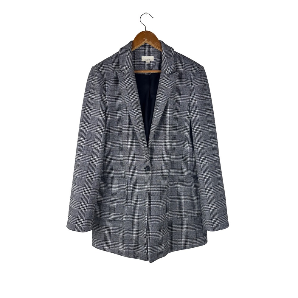 LOFT Women's 14 Plaid Blazer Houndstooth Black White Career Business Modern‎